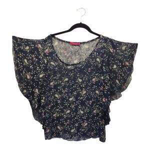 Julie's Closet Women's MEDIUM Blue Sheer Short Sleeve Floral Paisley Ruffle Top